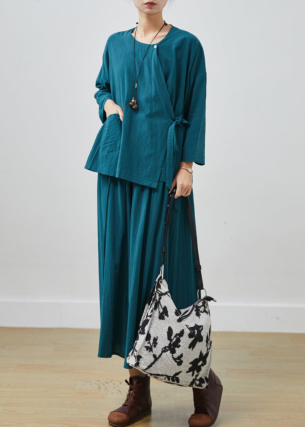 Peacock Blue Oversized Linen Two Pieces Set Spring