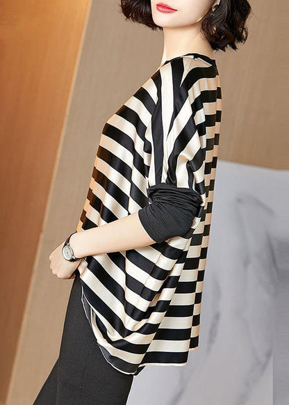 Black Striped O-neck Oversized Patchwork Silk Tops Batwing Sleeve
