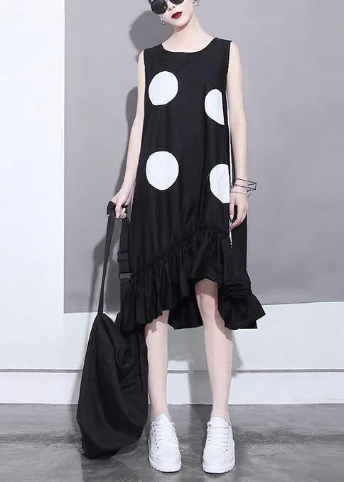 Summer Woman Black Sleeveless Large Dots Patches Ruffle Hem Straight Sundress