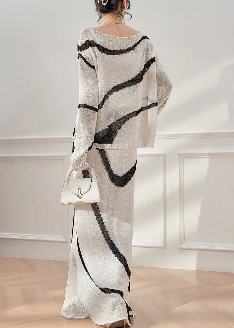 Handmade Colorblock Striped Knit Top and Maxi Skirts Two Pieces Set Spring