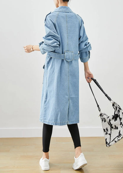 Italian Light Blue Notched Tie Waist Denim Trench Coat Spring