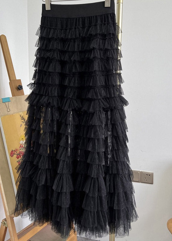 Black Lace Patchwork Tulle Elastic Waist Layered Skirts Spring