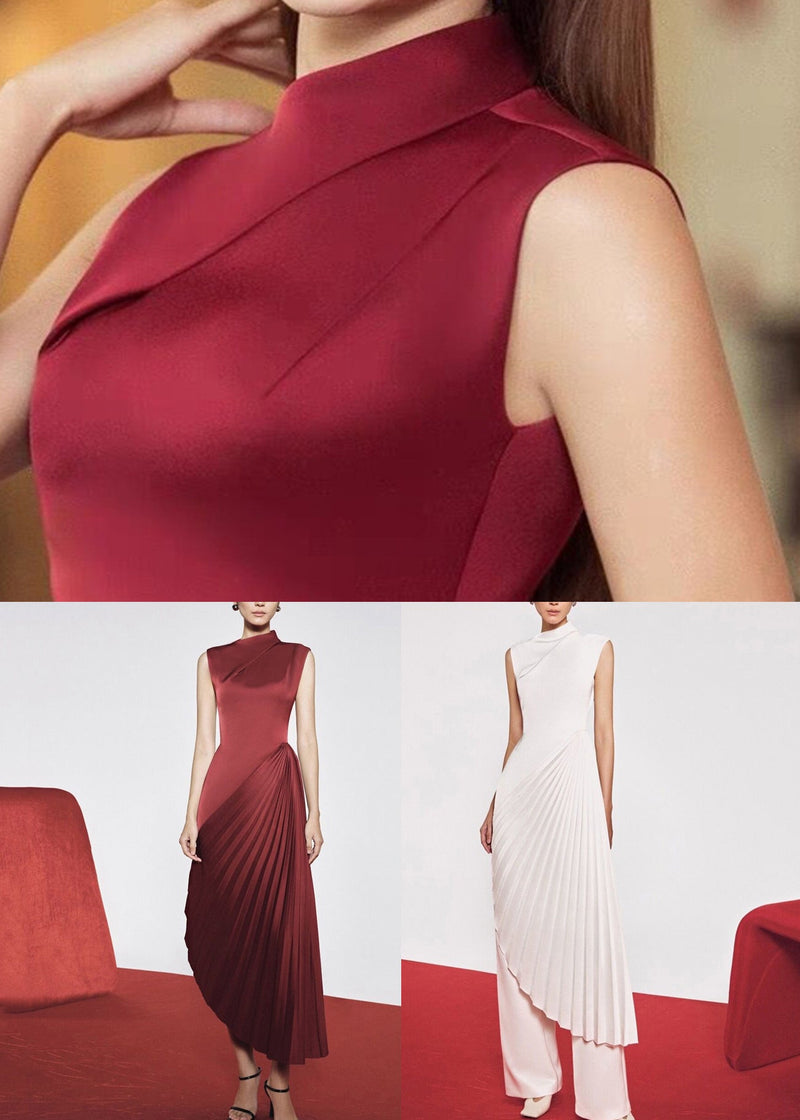 White Wrinkled Silk Long Dresses Asymmetrical Summer