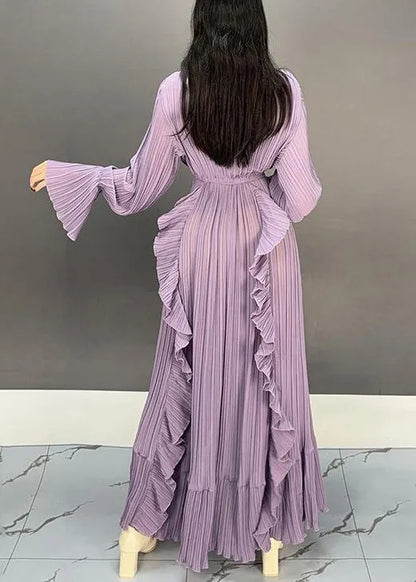 Purple V Neck Ruffled Long Dresses Flare Sleeve