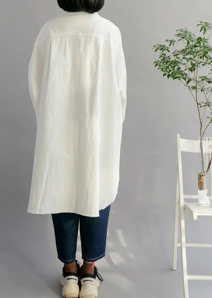 Natural White Cotton Clothes Big Pockets Shift Shirt Dress