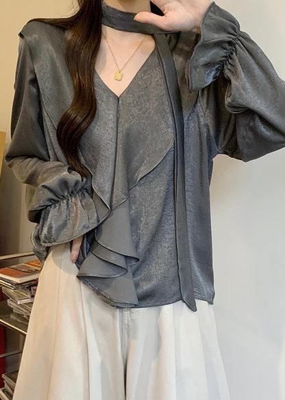 Grey Ruffles Oversized Chiffon Shirts Fall