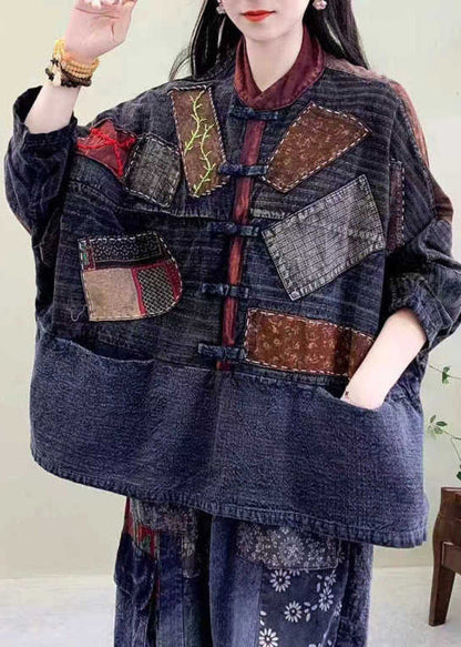 Blue Patch Pockets Oriental Button Cotton Jackets Spring