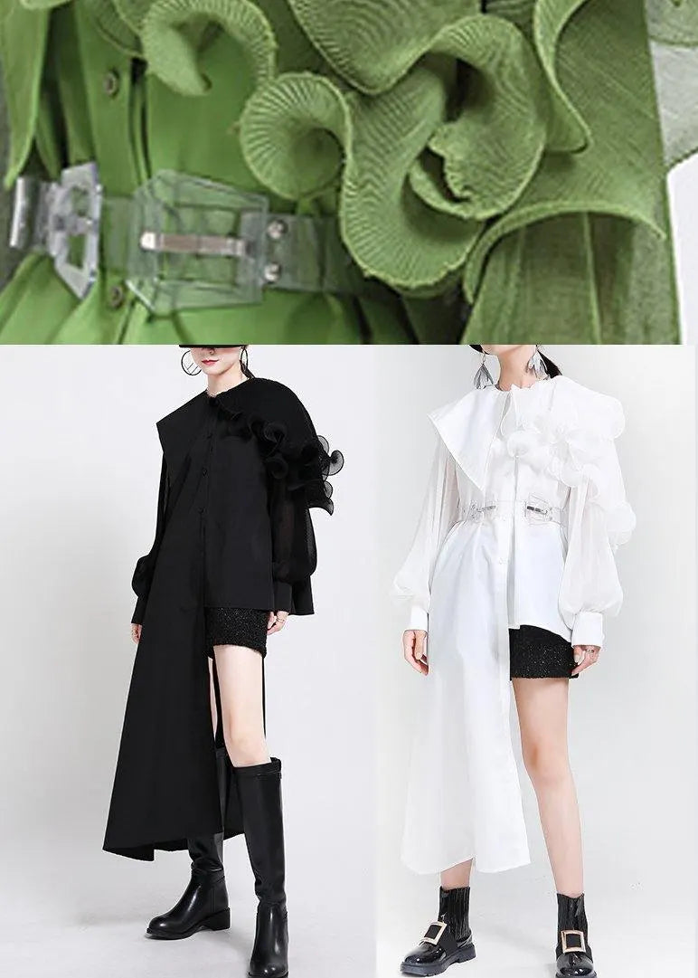 Natural Green Lantern Sleeve Button Chiffon Top