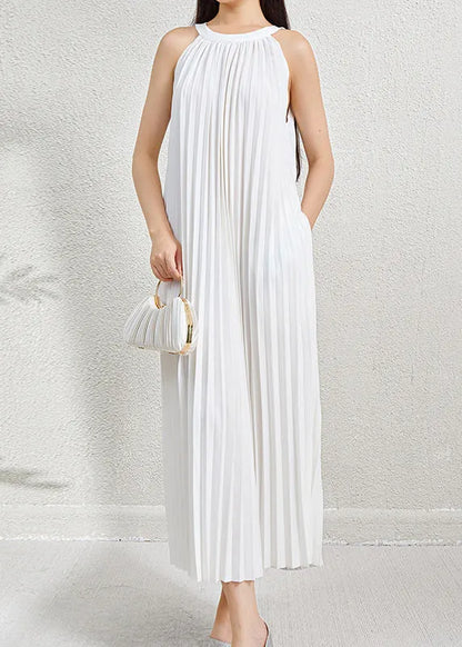 Organic Green Halter Wrinkled Pockets Long Dress Sleeveless