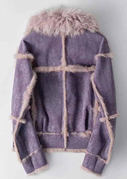 Dark Grey Zippered Patchwork Leather and Fur Coat Winter
