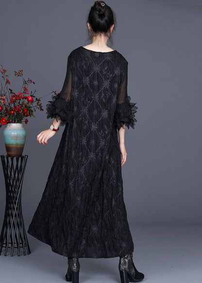 Black V Neck Wrinkled Nail Bead Fall Long Dresses
