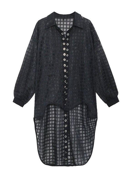 Natural Black Peter Pan Collar Low High Design Long Sleeve Shirt Top Summer