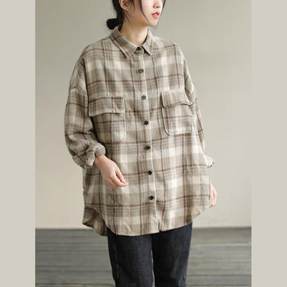 Lapel Patchwork Spring Tunic Pattern Design Khaik Plaid Shirt