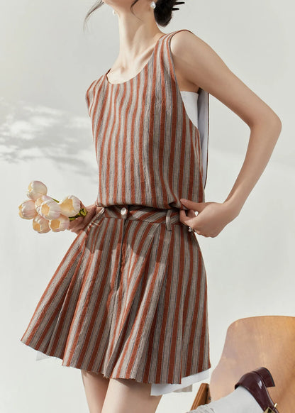 Brown Striped Cotton Top and Skirts Two-piece Set Summer