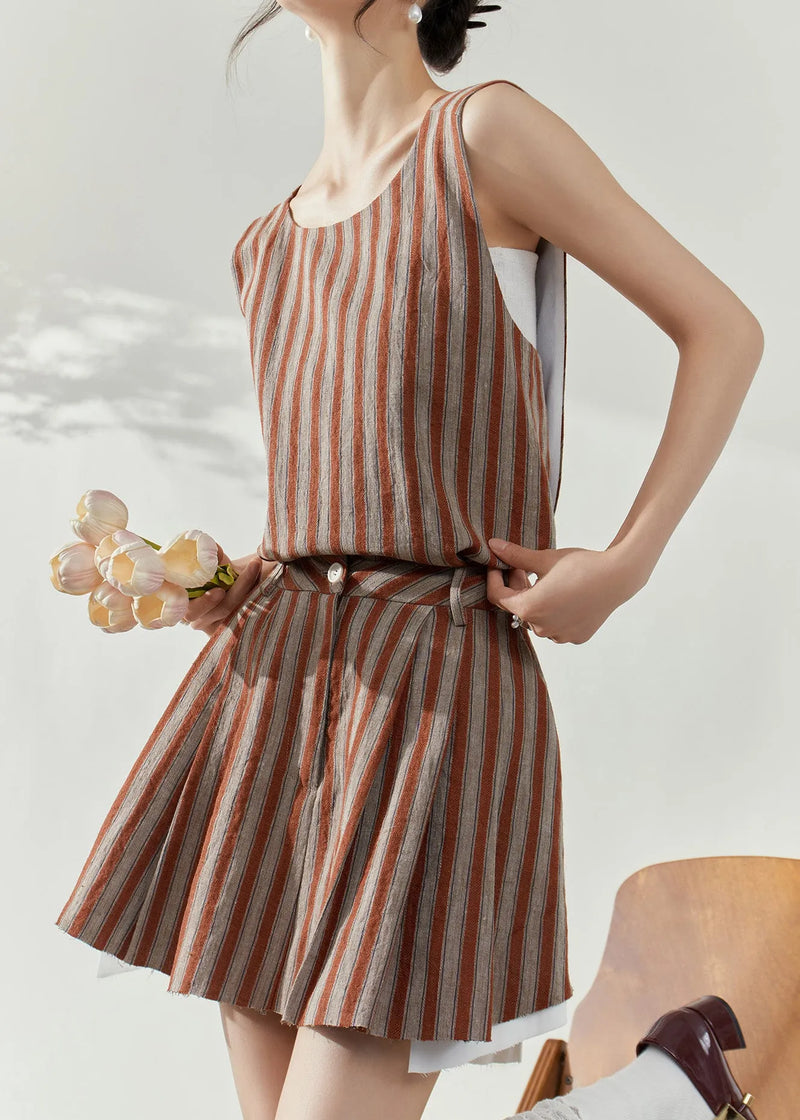 Brown Striped Cotton Top and Skirts Two-piece Set Summer