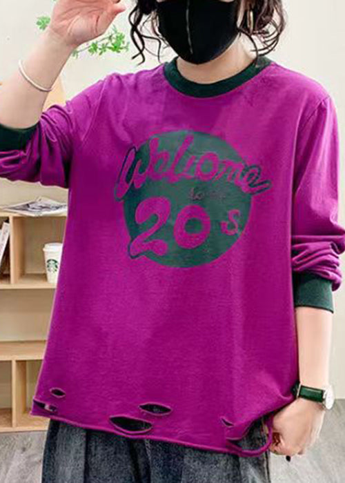 Purple Hole Print Cotton Tops Long Sleeve