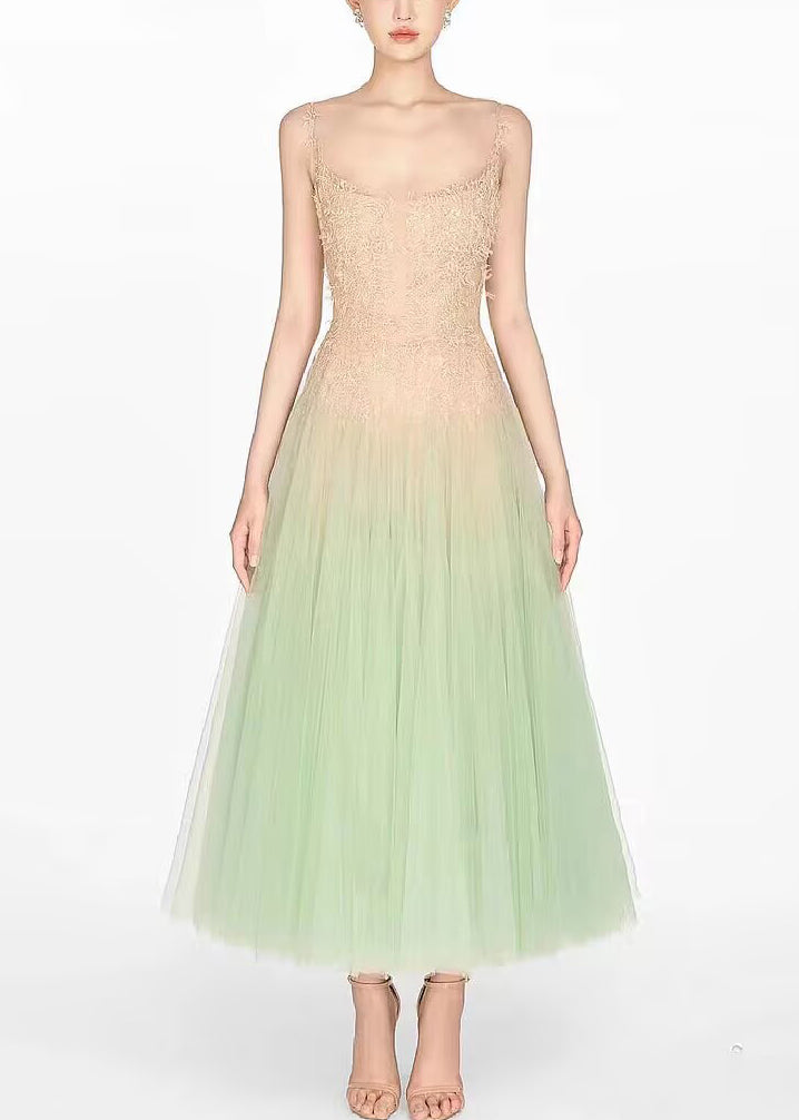 Green Sequins Lace Patchwork Tulle Spaghetti Strap Dress Sleeveless