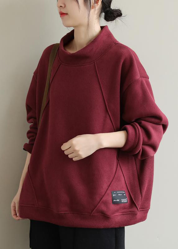 Red Hign Neck Warm Fleece Pullover Sweatshirt Top Winter