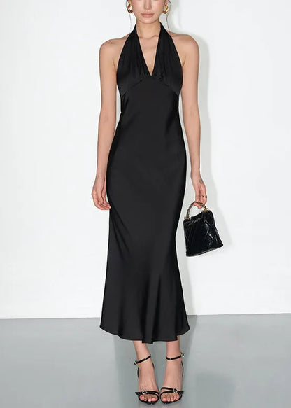 Black Backless Lace Up Silk Long Dress V Neck Summer