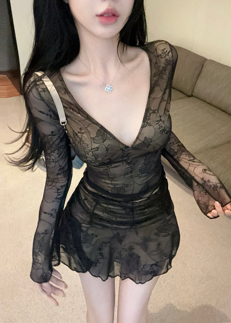 Black V Neck Silm Fit Tulle Two Piece Set Clothing