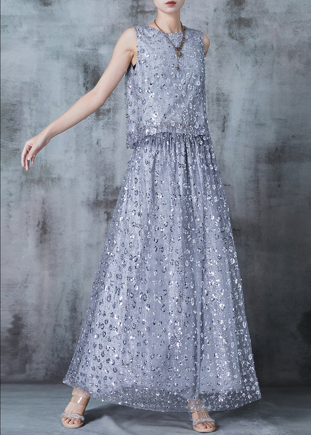 French Grey Sequins Back Lace Up Silk Two Pieces Set Summer