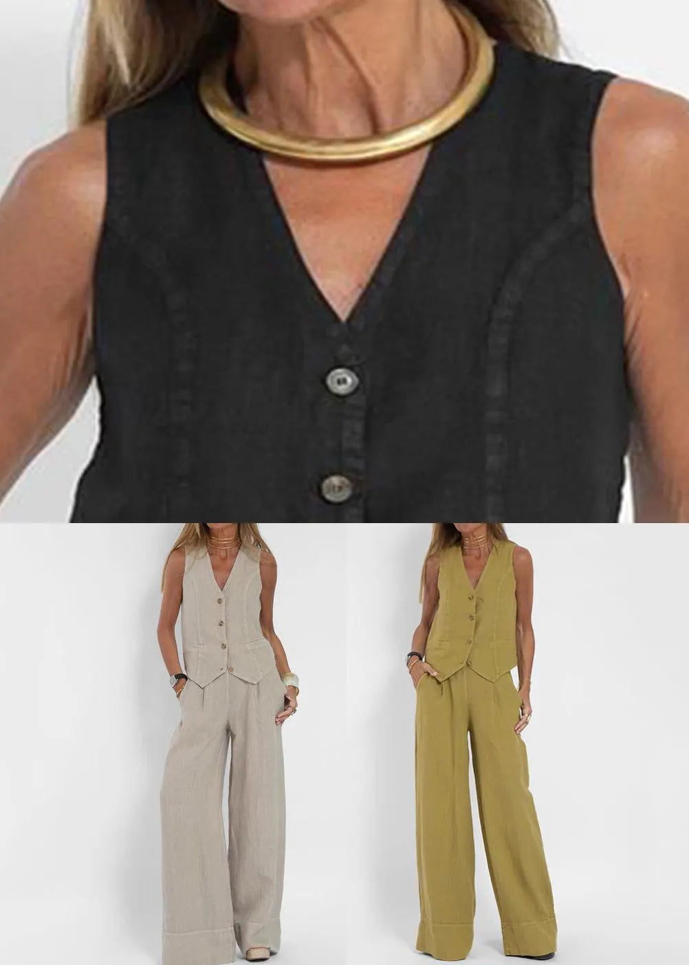 Simple Black Button Waistcoat and Pants Linen Two Pieces Set Summer