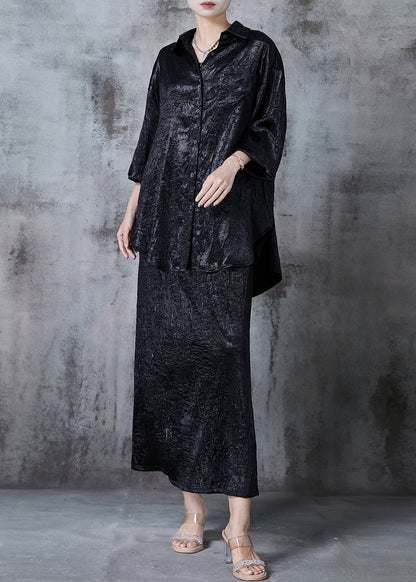 Black Silk Sets 2 Pieces Oversized Wrinkled Fall