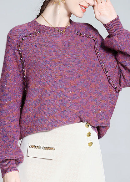 Style Purple O-neck Nail Bead Cashmere Knit Sweaters Spring