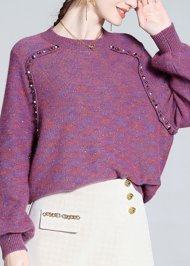 Style Purple O-neck Nail Bead Cashmere Knit Sweaters Spring