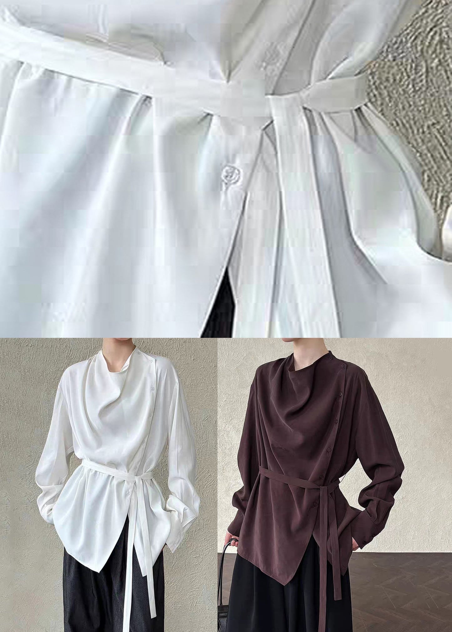 White Stand Collar Button Shirts Lantern Sleeve Spring