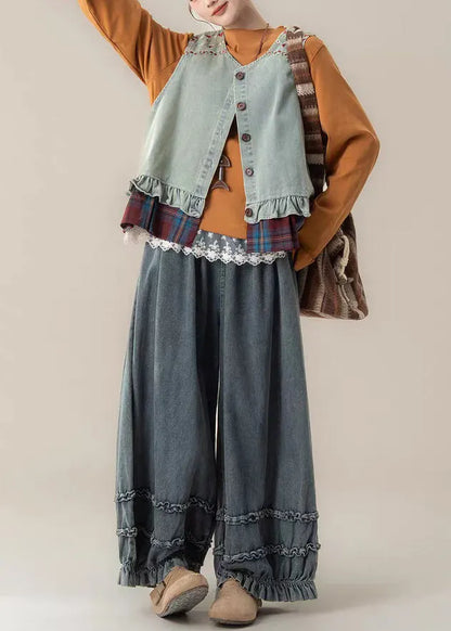 Light Blue O-neck Waistcoat ,top and Jeansthree Pieces Set Sleeveless