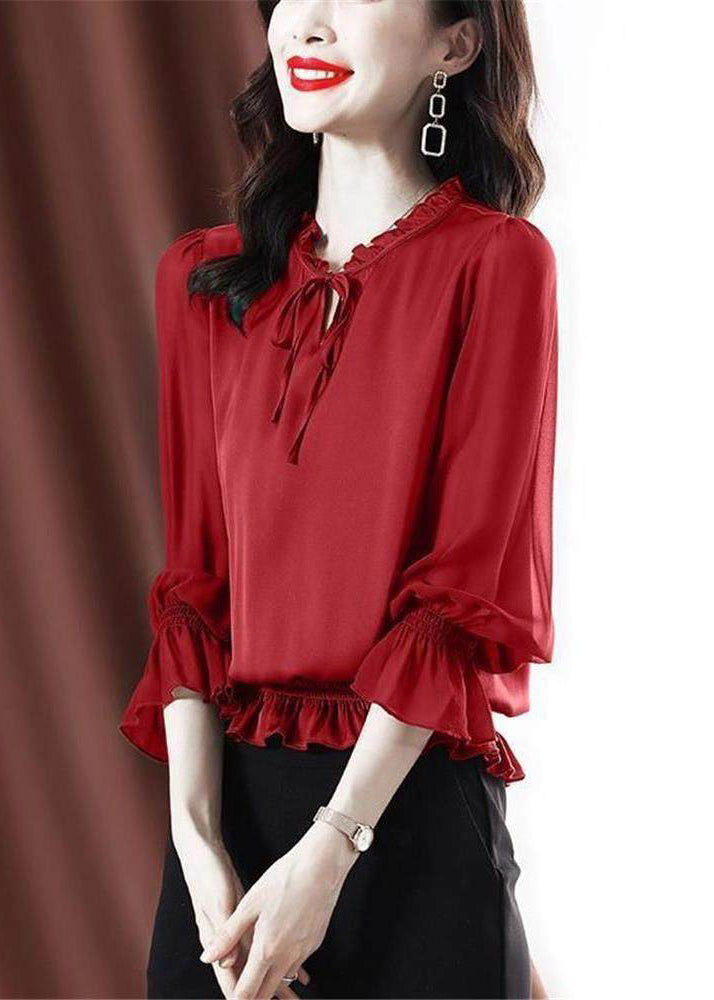 Red Lace Up Chiffon Shirt Ruffled Flare Sleeve