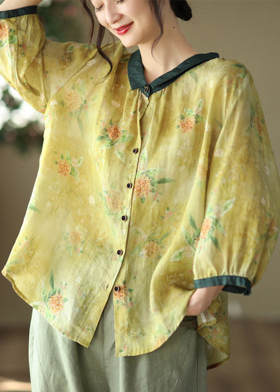 Brown Peter Pan Collar Print Button Linen Shirt Long Sleeve