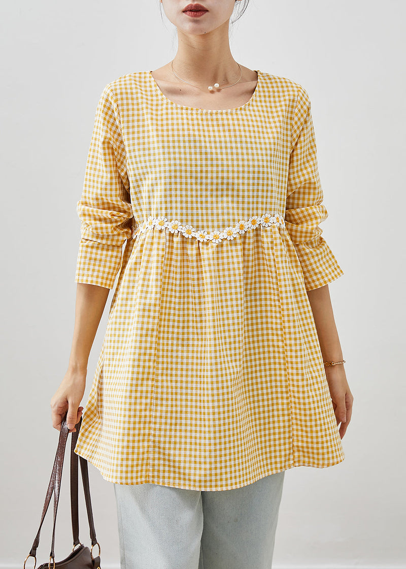 Yellow Plaid Patchwork Daisy Cotton Blouses Fall
