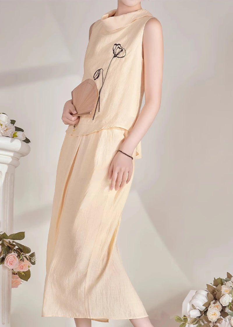 Chinese Style Light Yellow Turtleneck Top and Maxi Skirts Two Pieces Set Summer