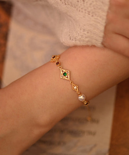 Geometric Pearl Gem Stone Adjustable Gold Plated Bracelet