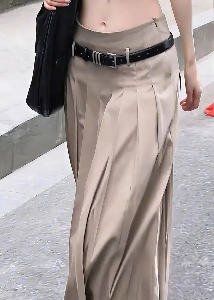 Khaki Wrinkled Draping Spandex Skirt Spring