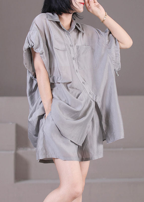 Grey Silk Shirts and Shorts Two Pieces Set Peter Pan Collar Button Wrinkled Summer