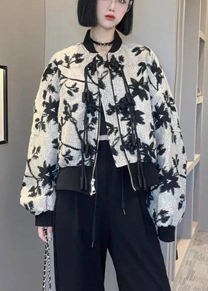 French O-neck Zippered Print Coats Long Sleeve