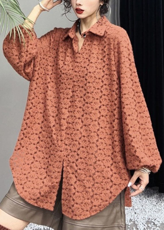 Orange Peter Pan Collar Print Side Open Shirts Long Sleeve