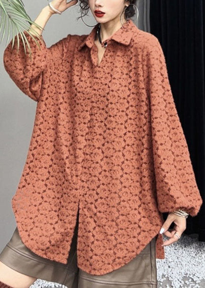 Orange Peter Pan Collar Print Side Open Shirts Long Sleeve