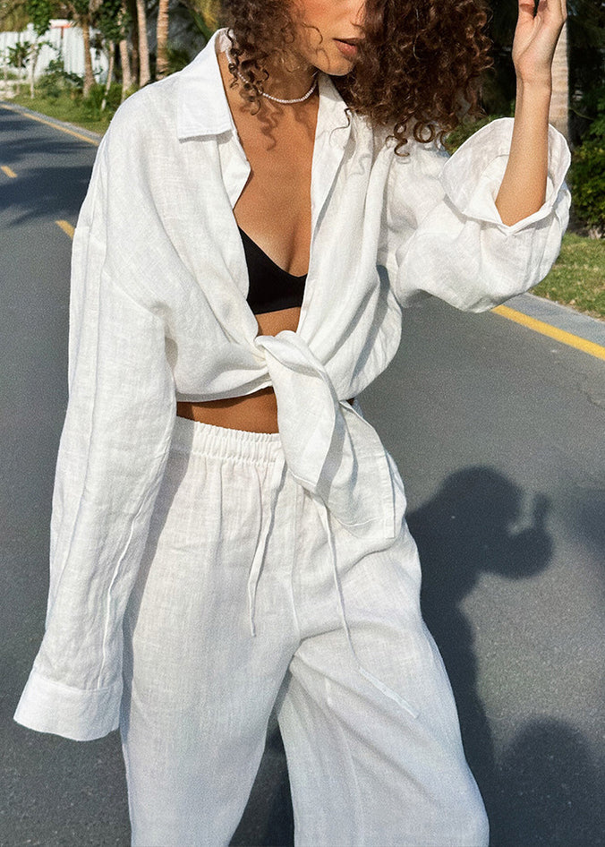 White Elastic Waist Cotton Two Pieces Set Peter Pan Collar