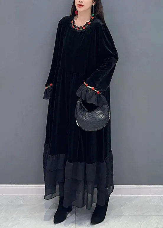 Black Tulle Patchwork Silk Velour Long Dresses Spring