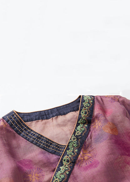 Purple Print Side Open Cotton Top Bracelet Sleeve