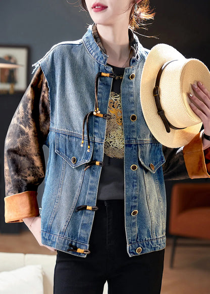 Blue Button Print Patchwork Denim Coat Spring