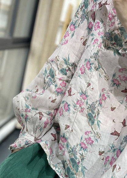 O-neck Print Linen Top Long Sleeve