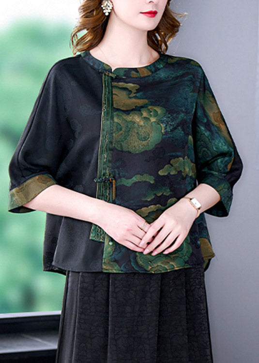 Green O-neck Print Patchwork Top Bracelet Sleeve