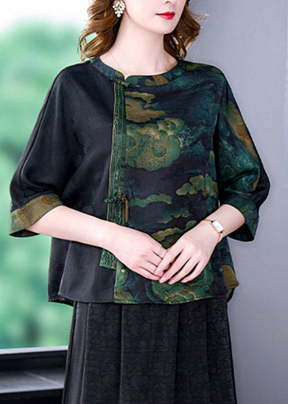 Green O-neck Print Patchwork Top Bracelet Sleeve