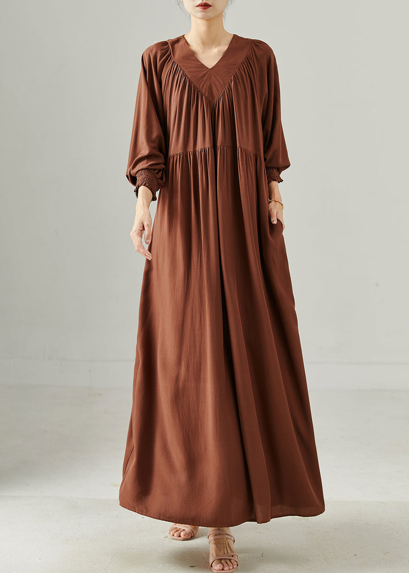 Chocolate V Neck Oversized Cotton Long Dress Spring