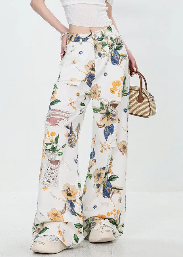 French Black Hole Print High Waist Denim Wide Leg Pants Summer